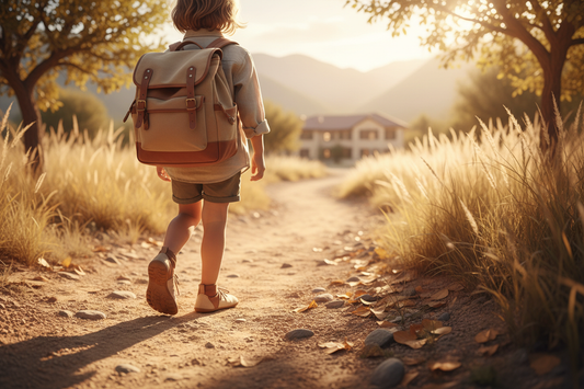 Niño caminando hacia el cole con zapatillas barefoot, tonos cálidos y naturales