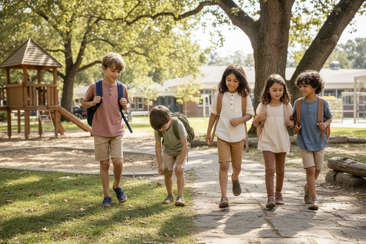 Niños con zapatos barefoot respetuosos caminando hacia el colegio
